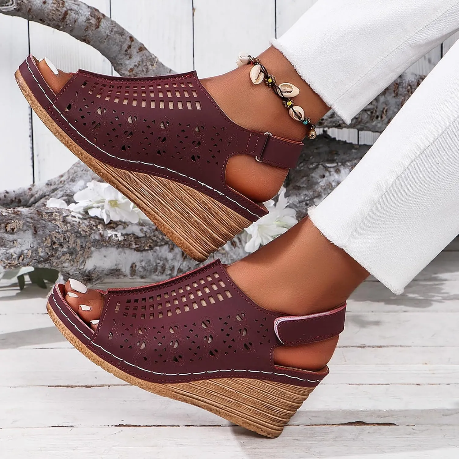 Womens Wedge Sandals Hollow Out Open Toe Platform Wedge Sandals Summer Casual Adjustable Buckle Strap Sandal Beach Slip On Shoes