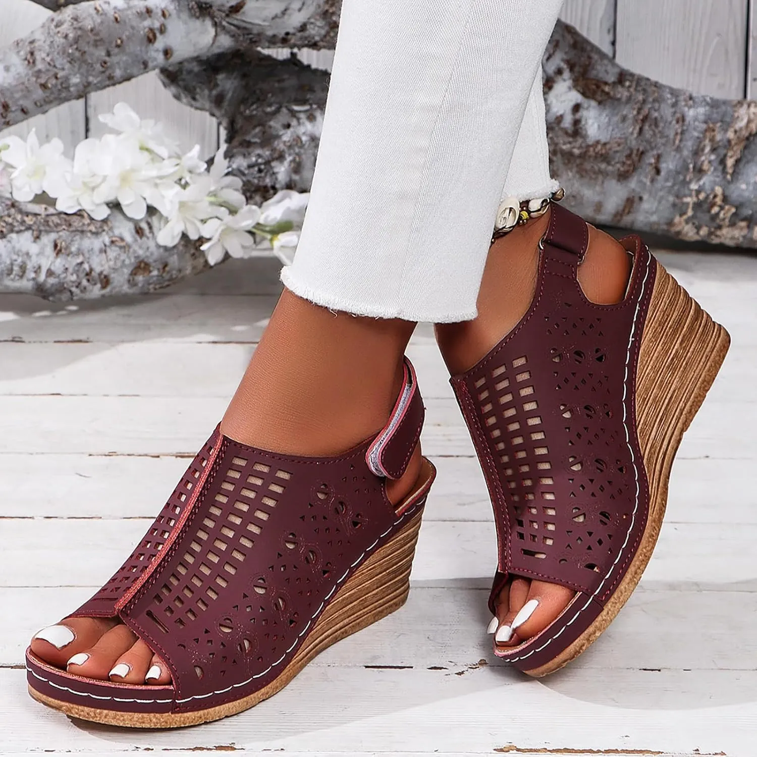 Womens Wedge Sandals Hollow Out Open Toe Platform Wedge Sandals Summer Casual Adjustable Buckle Strap Sandal Beach Slip On Shoes
