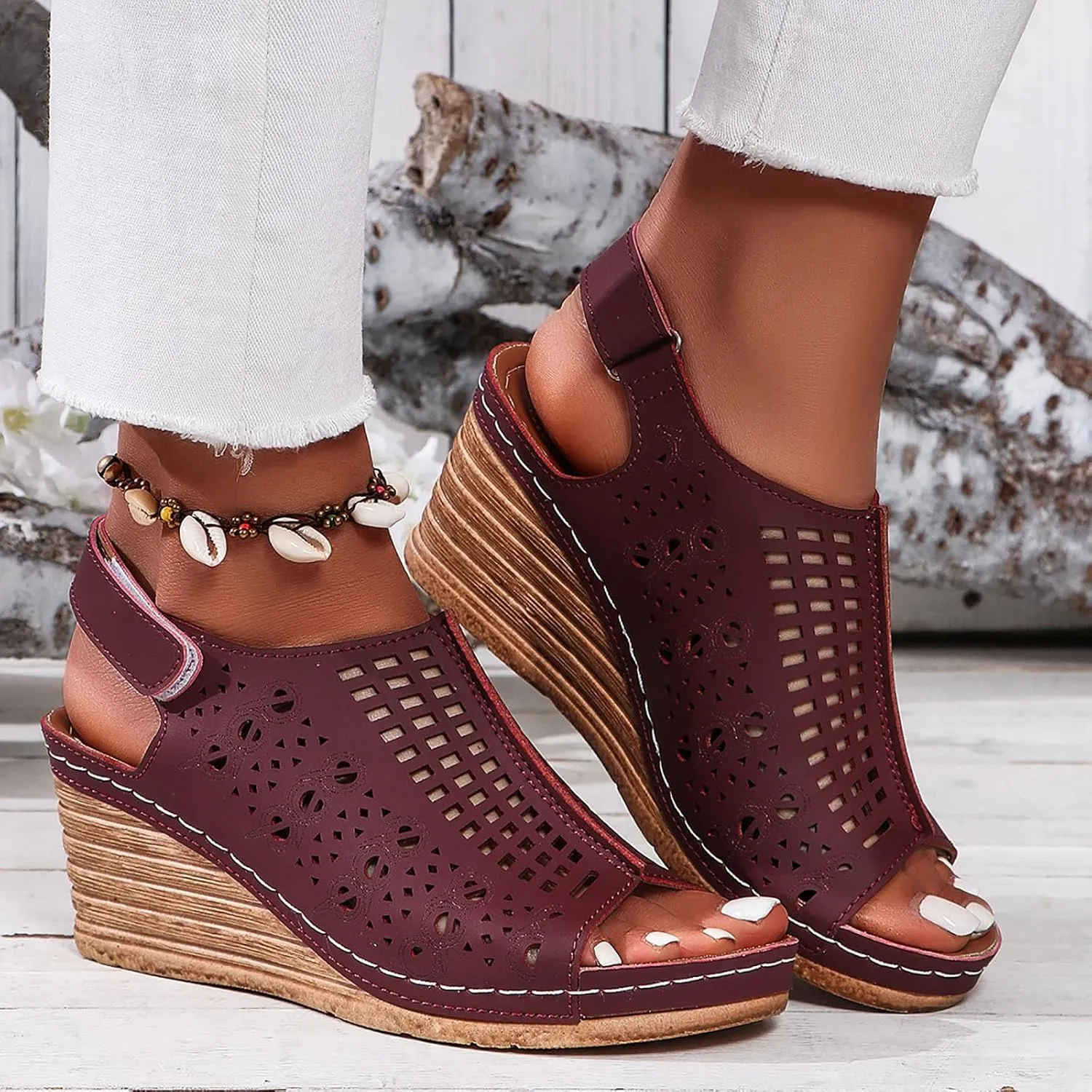 Womens Wedge Sandals Hollow Out Open Toe Platform Wedge Sandals Summer Casual Adjustable Buckle Strap Sandal Beach Slip On Shoes