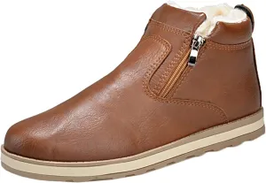 Yiozoi Ankle Snow Boots Men's Windproof Winter High Top Leather Shoes Double Zipper Round Head Casual Men's Work Boots