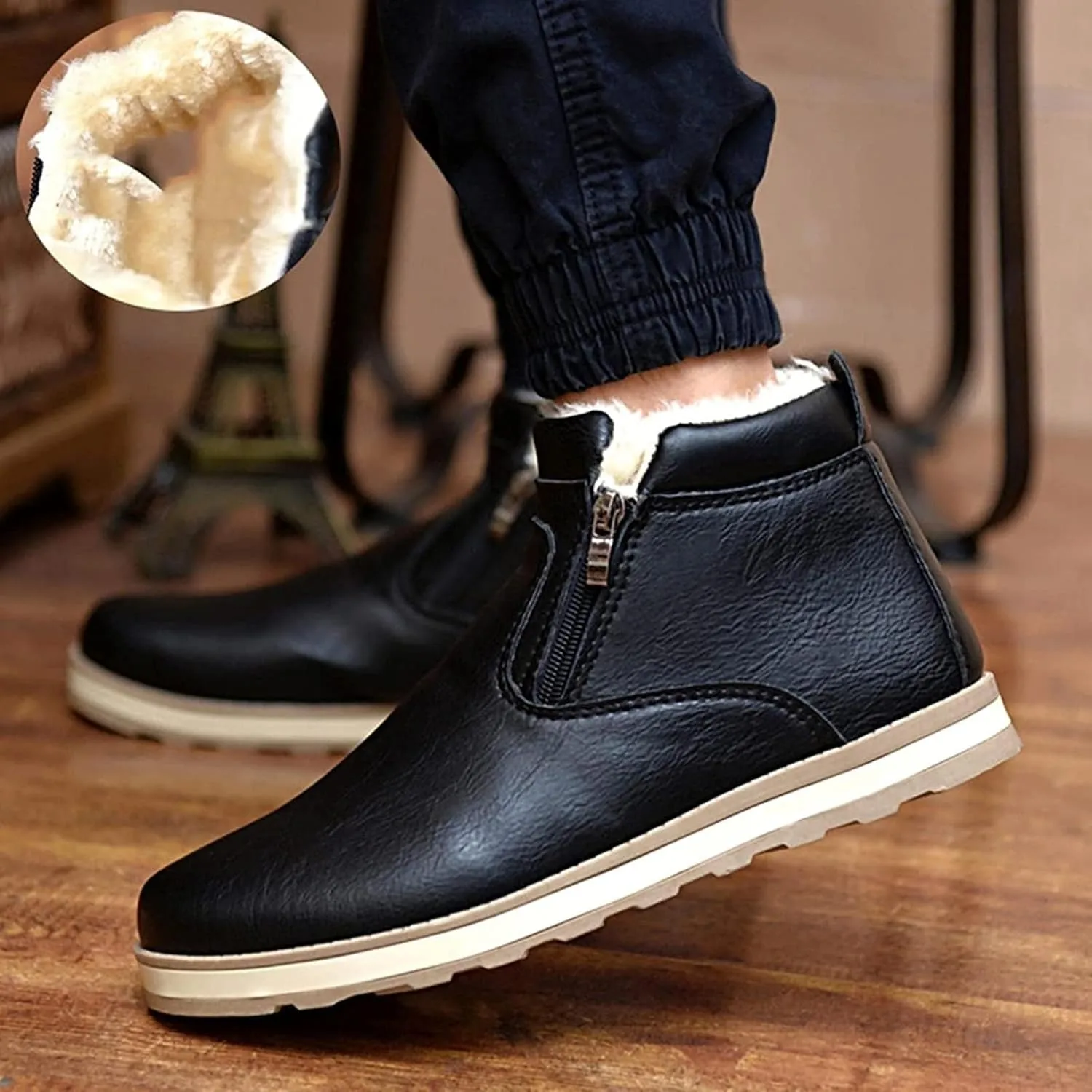 Yiozoi Ankle Snow Boots Men's Windproof Winter High Top Leather Shoes Double Zipper Round Head Casual Men's Work Boots