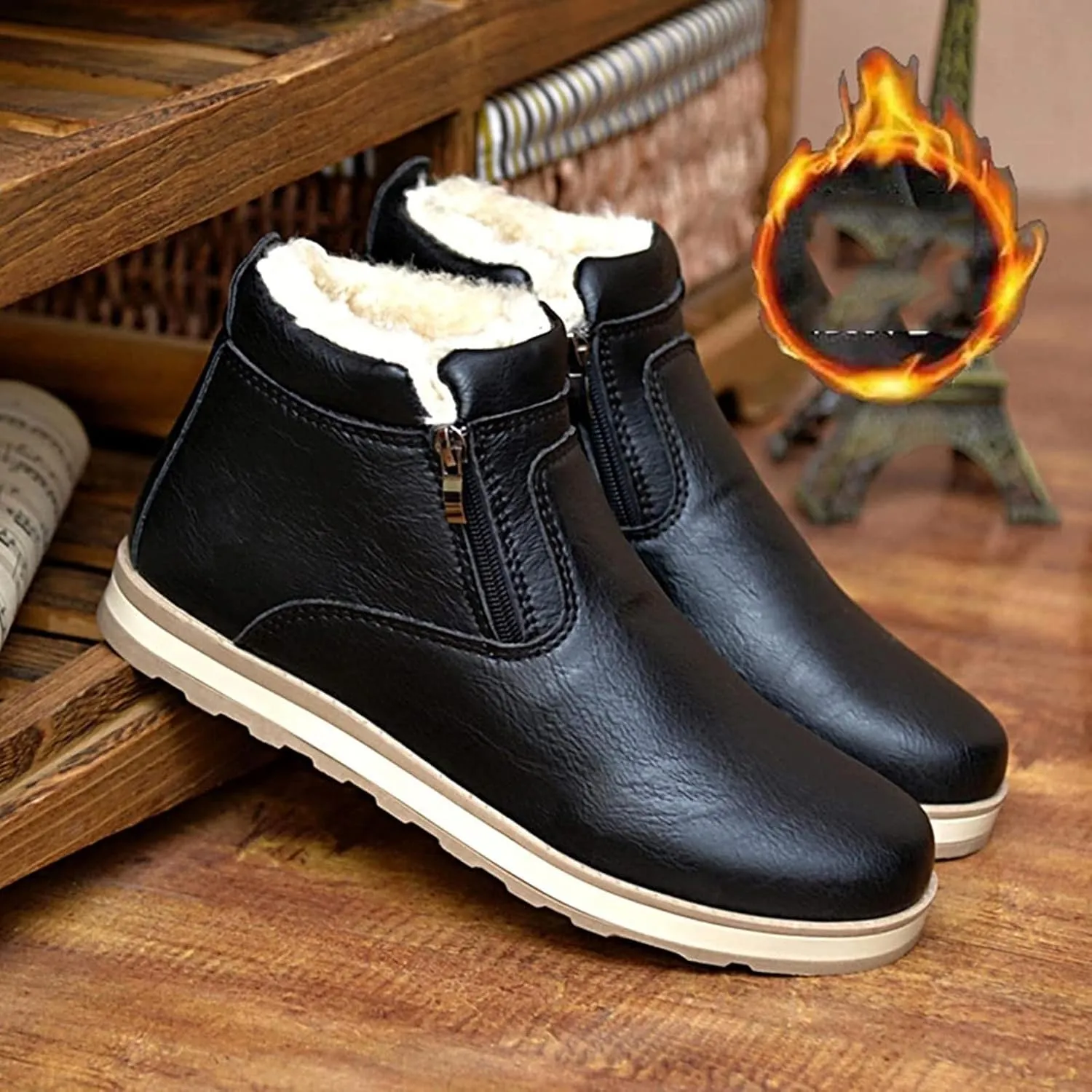 Yiozoi Ankle Snow Boots Men's Windproof Winter High Top Leather Shoes Double Zipper Round Head Casual Men's Work Boots