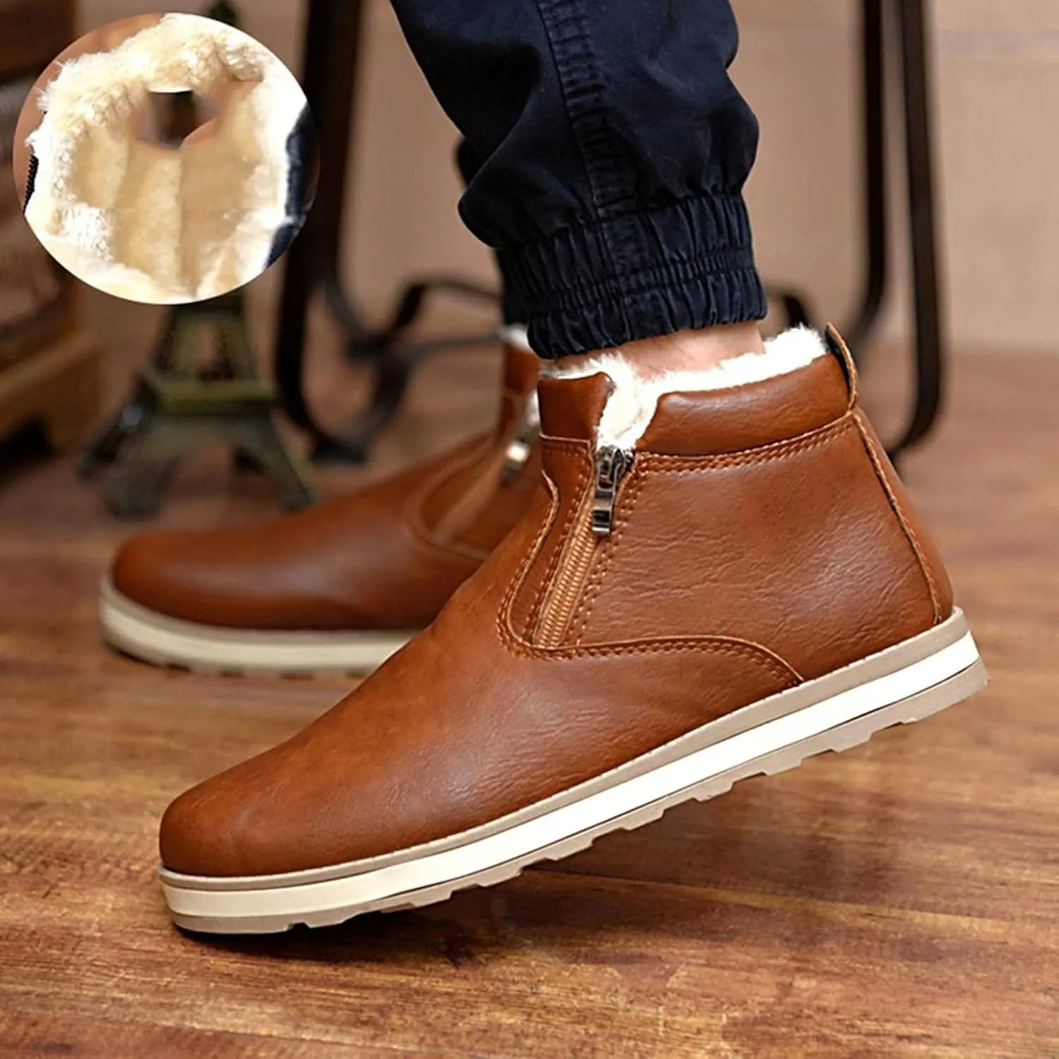 Yiozoi Ankle Snow Boots Men's Windproof Winter High Top Leather Shoes Double Zipper Round Head Casual Men's Work Boots