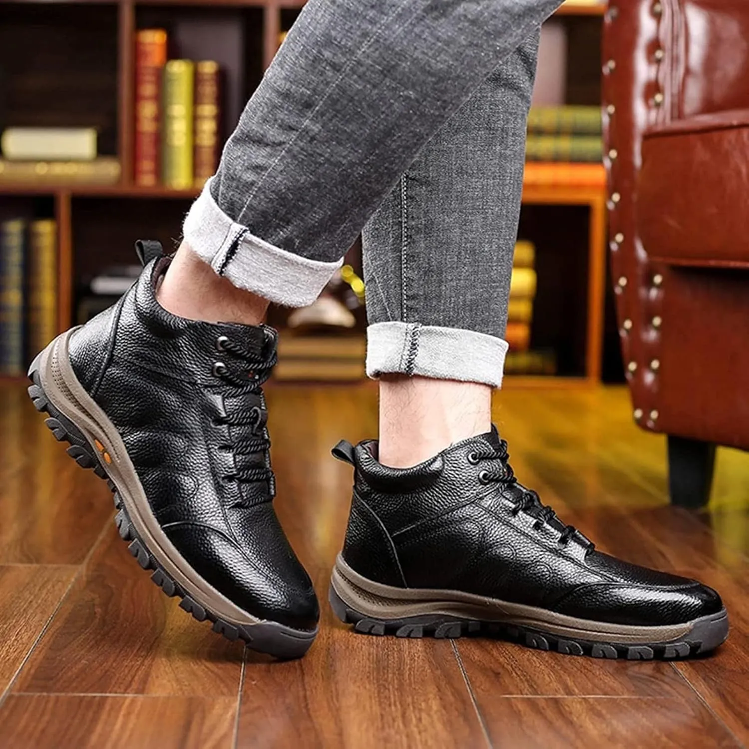 Yiozoi Winter Outdoor Snow Boots Men's High Top Lace up Leather Shoes Light Weight Wear-resistant Work Boots