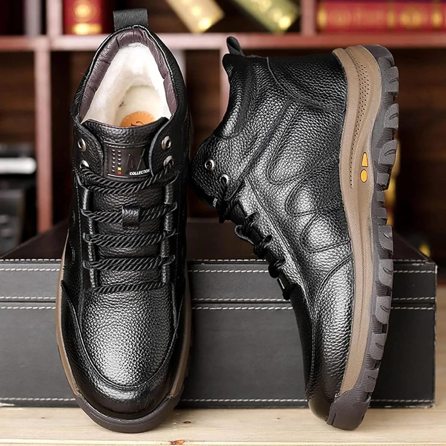 Yiozoi Winter Outdoor Snow Boots Men's High Top Lace up Leather Shoes Light Weight Wear-resistant Work Boots